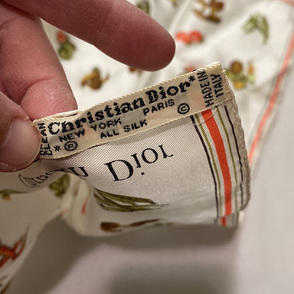 Dior Cream Silk Scarf with Red and Green Botanical Motif - Picture 3 of 10
